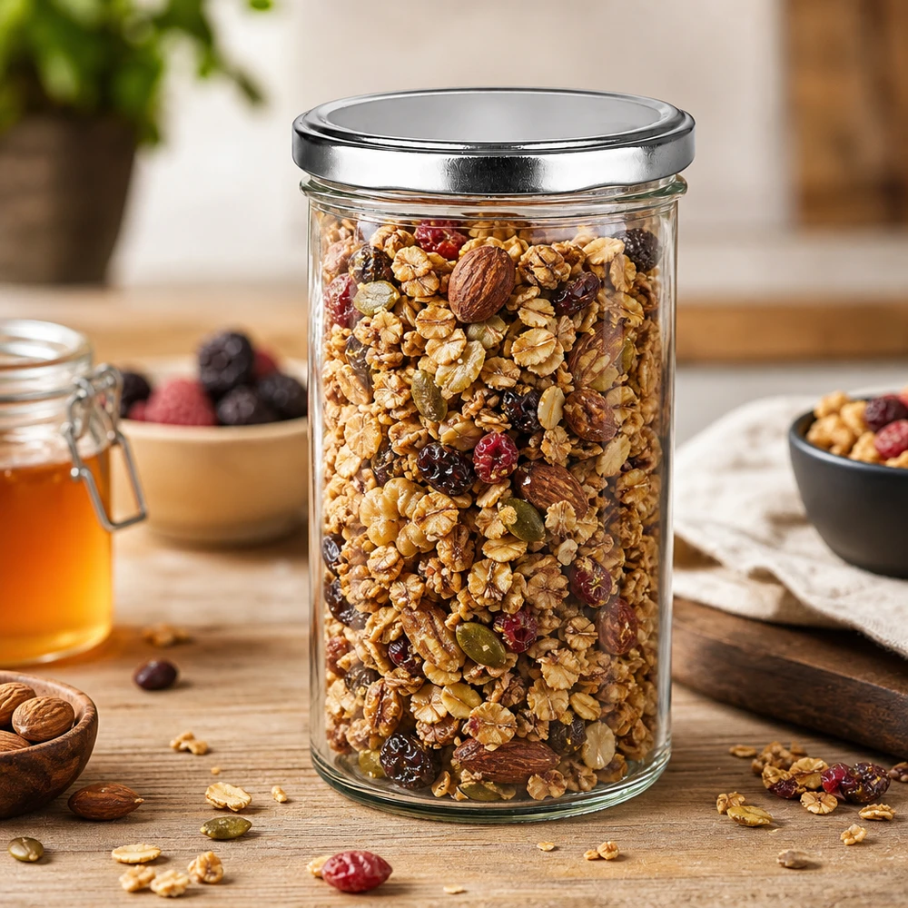 277 ml Briller med BasicSeal-låg sølv UNiTWIST 277ml Sturzglas mit BasicSeal Deckel silber gefüllt mit Müsli und Nüssen auf Holztisch Vorratshaltung Küche