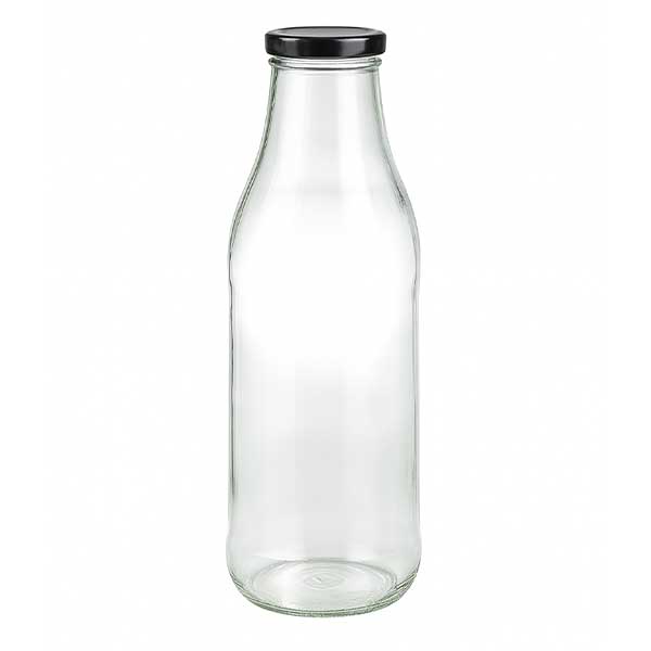 1000 ml glasflaske + BasicSeal-låg sort UNiTWIST. Absolut lækagesikker med stort TO48-låg. Til mælk, juice og limonade.