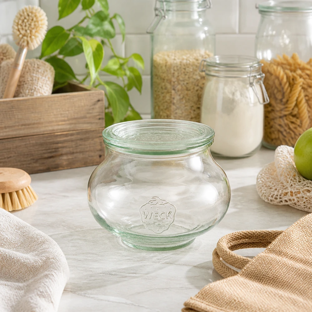 560 ml dekorativt glas med glaslåg WECK RR80 WECK smykkekrukke 560 ml RR80 i bæredygtigt zero-waste-køkken med naturlige materialer, træbørster og juteposer