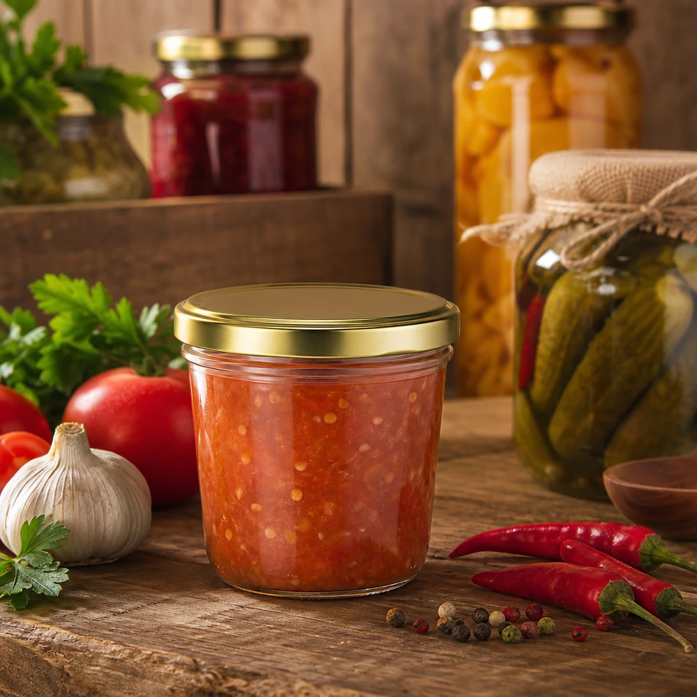 230 ml Briller med BasicSeal-låg guld UNiTWIST 230 ml glaskrukke med gyldent låg fyldt med tomatrelish omgivet af friske ingredienser og krydderier