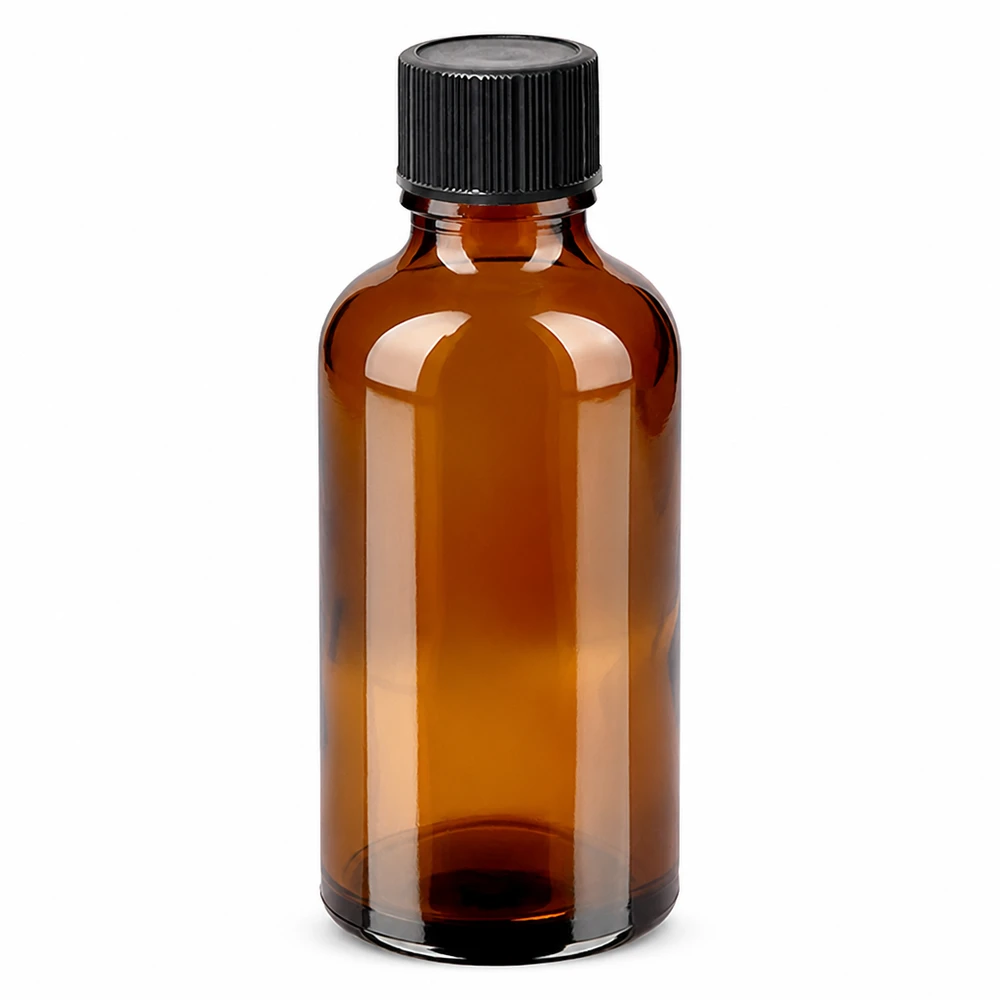 50 ml dråbeflaske 1 mm sort STD BrownLine UT18/50 50 ml ravfarvet glasflaske med sort dråbehætte til æteriske olier og essenser