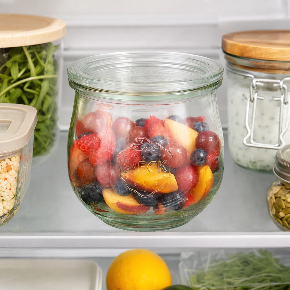 370 ml tulipankrukke med glaslåg WECK RR80 WECK tulipankrukke 370 ml RR80 med frisk frugtsalat i køleskabet til praktisk madopbevaring