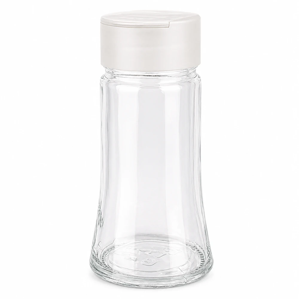 Salt-/krydderikrukke 95 ml med dobbelt strøer, hvid Tomt saltglas på 95 ml med hvidt plastlåg og dobbelt drysfunktion