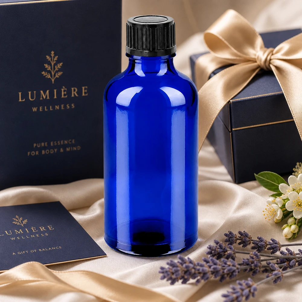 50 ml flaske 11 mm SV sort STD BlueLine UT18/50 50 ml UV-beskyttende glasflaske i lyseblå med børnesikret hætte til wellness