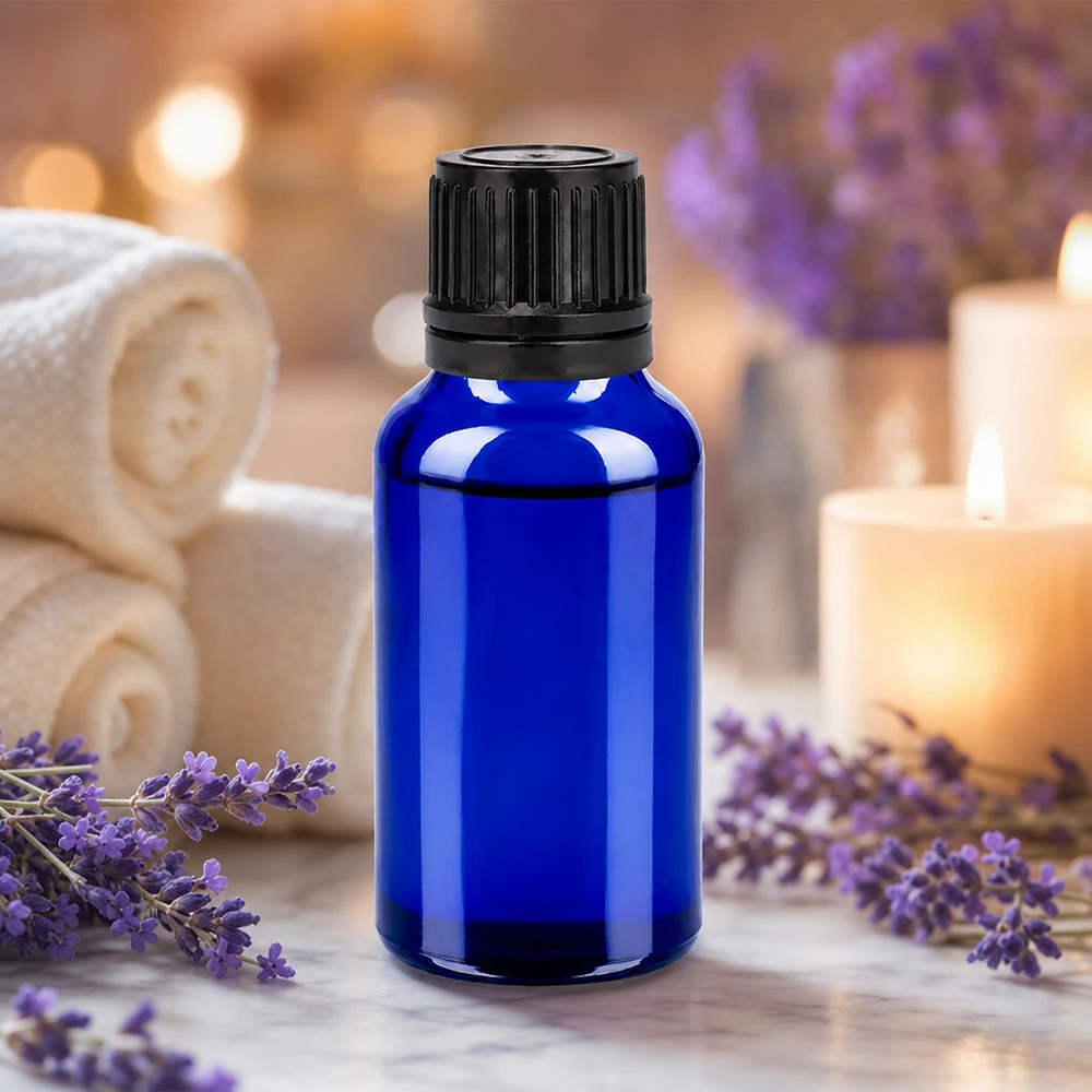 20 ml flaske 11 mm SV sort OV BlueLine UT18/20 20 ml aromaterapi-glasflaske blå med sort dryphætte til lavendelolie og wellness