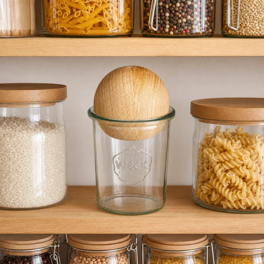 160 ml Briller WECK RR60 med trækugle bøg WECK RR60 160 ml murerbalje med trækugle på køkkenhylden mellem opbevaringskrukker med pasta og kornprodukter