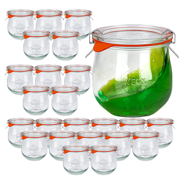 Sæt med 24 Weck-krukker 370 ml tulipankrukke med 24 glaslåg Sæt med 24 Weck-krukker 370 ml tulipankrukke med 24 glaslåg
