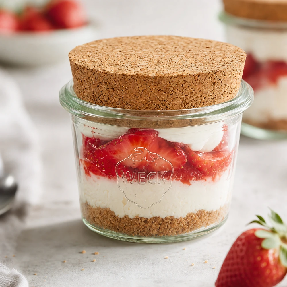 35 ml Briller WECK RR40 med kork natur WECK RR40 35 ml murerbalje med kork fyldt med jordbærfløde dessert som en portionskrukke til søde desserter