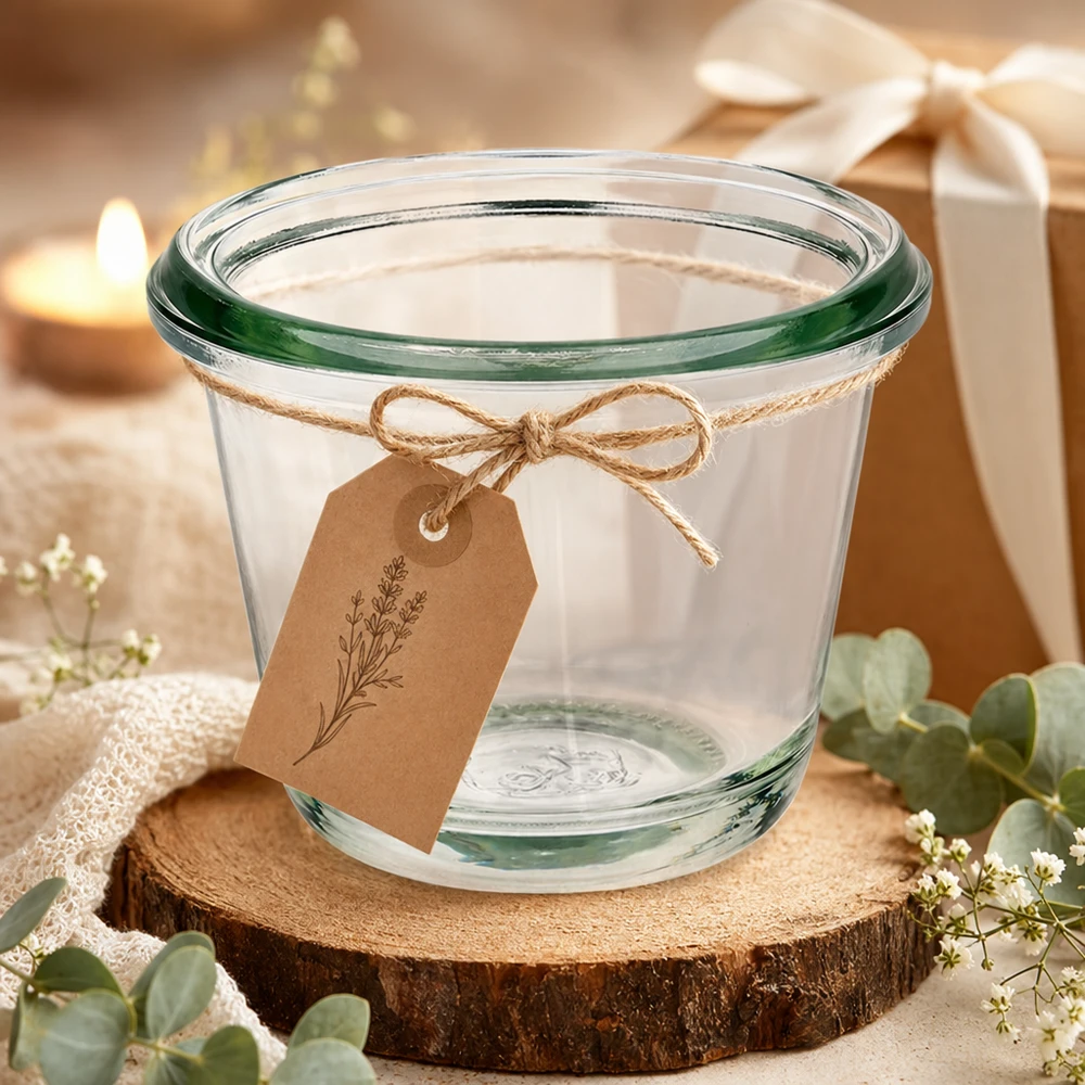 80 ml gourmetglas WECK RR60 80 ml WECK gourmetglas RR60 dekorativt arrangeret med kraftpapirmærke på træskive i festlig gavedekoration