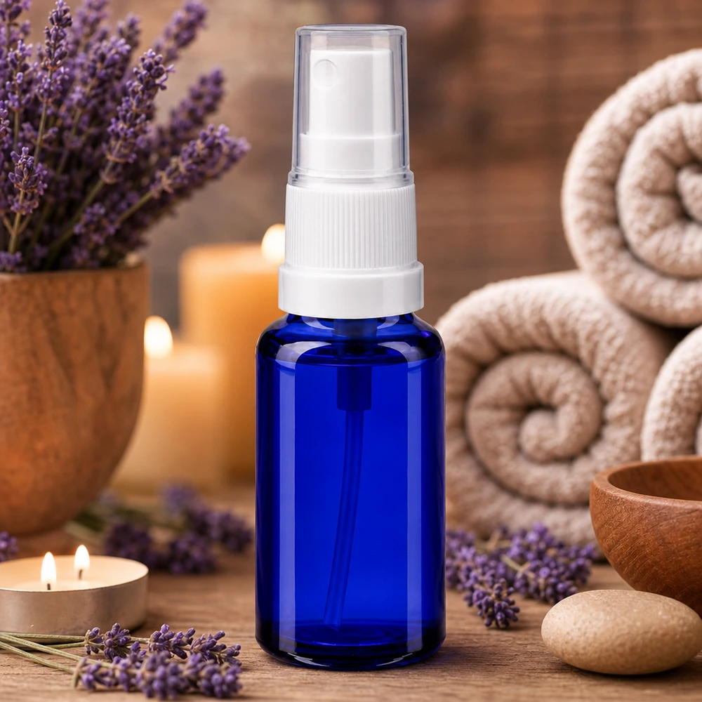 Apotekerflaske blå 20 ml spraytilbehør hvid Lille 20 ml apotekersprayflaske af blåt glas med hvid forstøver til æteriske olier