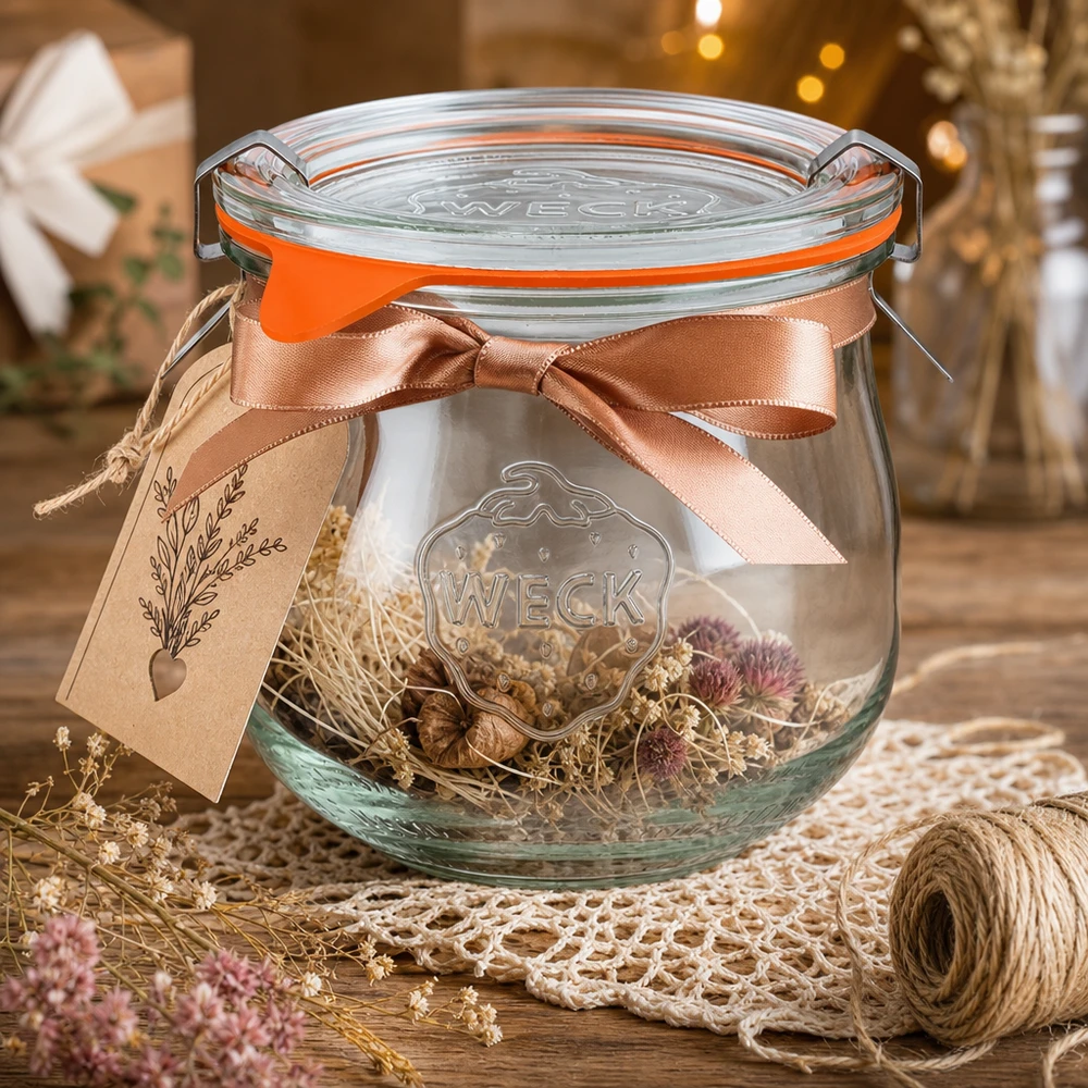 WECK tulipankrukke 370ml RR80 dekorativt arrangeret med tørrede blomster satinbånd og gavemærke som en hobbyidé