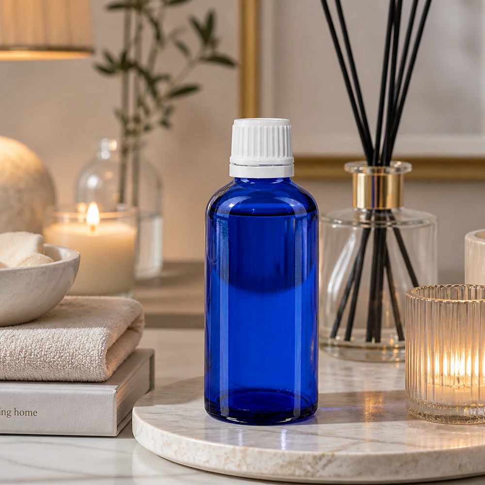 Apoteksflaske blå 50 ml skruelåg hvid OV Koboltblå 50 ml apotekerflaske med hvid skruelåg i en spa-lignende, afslappende atmosfære