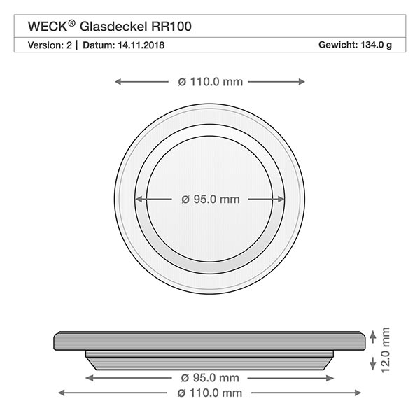 1062 ml saftflaske med glaslåg WECK RR60 WECK glaslåg RR100 teknisk tegning dimensioner 110mm diameter 95mm indre dimension 12mm højde reservedel cylinderglas