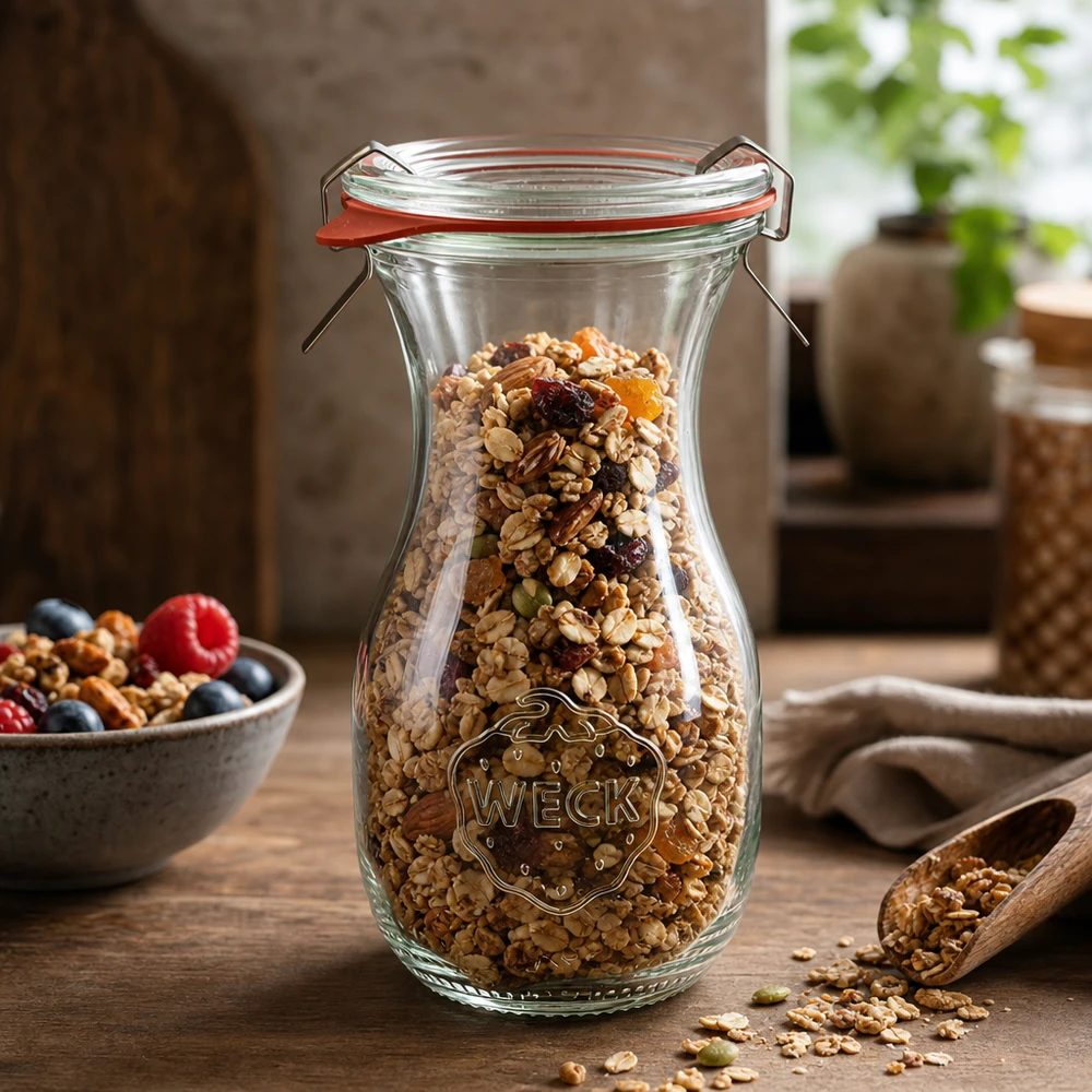 WECK juiceflaske 290 ml RR60 fyldt med müsli og tørret frugt til opbevaring af fødevarer