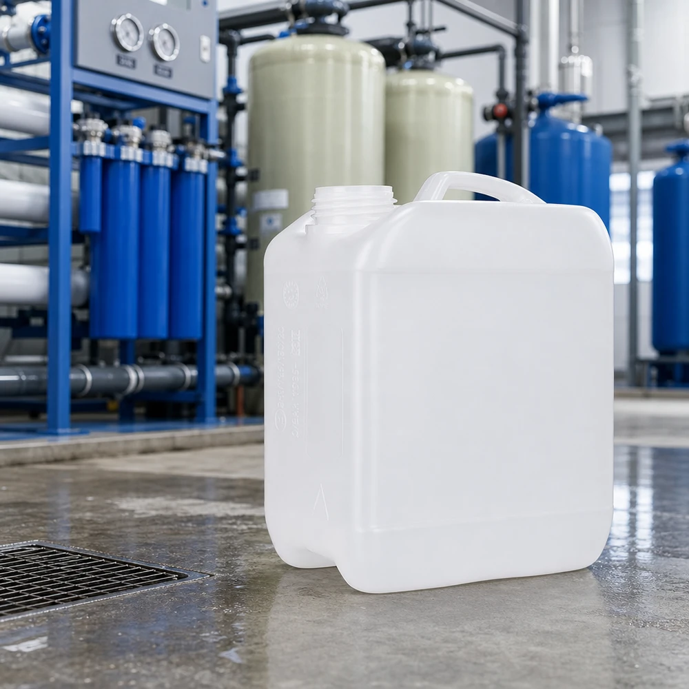 Gennemsigtig HDPE-dunk på 2,5 liter uden låg i et vandrensningsanlæg