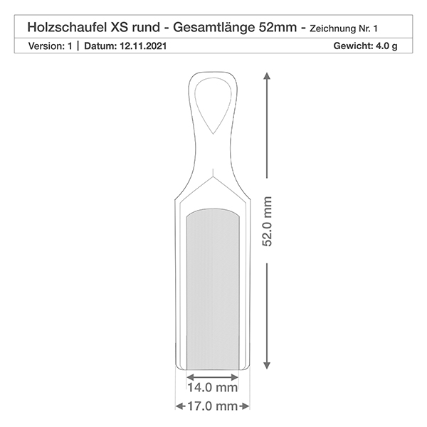Træspade størrelse XS halvcirkelformet 5,2 cm lang Teknisk tegning af træspaden XS med målene 52 mm total længde og 17 mm bredde
