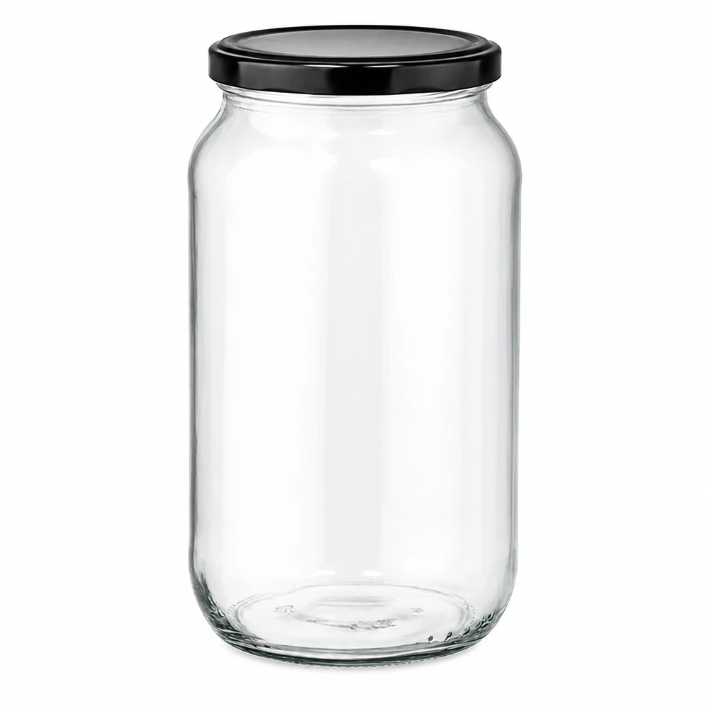 1062 ml rund krukke med BasicSeal-låg sort UNiTWIST 1062 ml rund krukke med sort BasicSeal-låg - tom konserveringskrukke af klart glas til mad og opbevaring