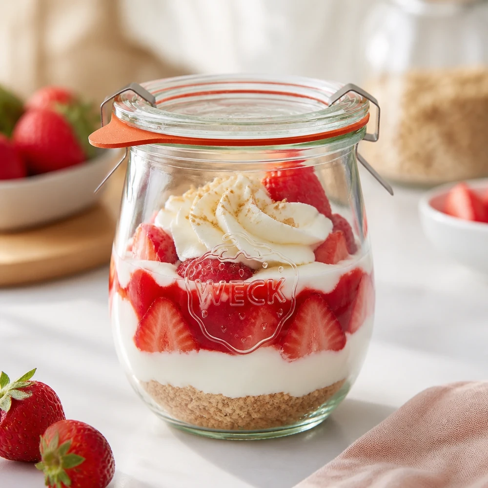 WECK tulipankrukke 220 ml RR60 med jordbærdessert lagdelt dessertyoghurt og kiksebund brugt som dessertkrukke