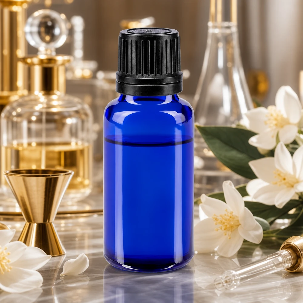 Apoteksflaske blå 20 ml skruelåg sort hældeprop r. OV Lille 20 ml koboltblå glasflaske med sort børnesikret låg i laboratoriemiljø