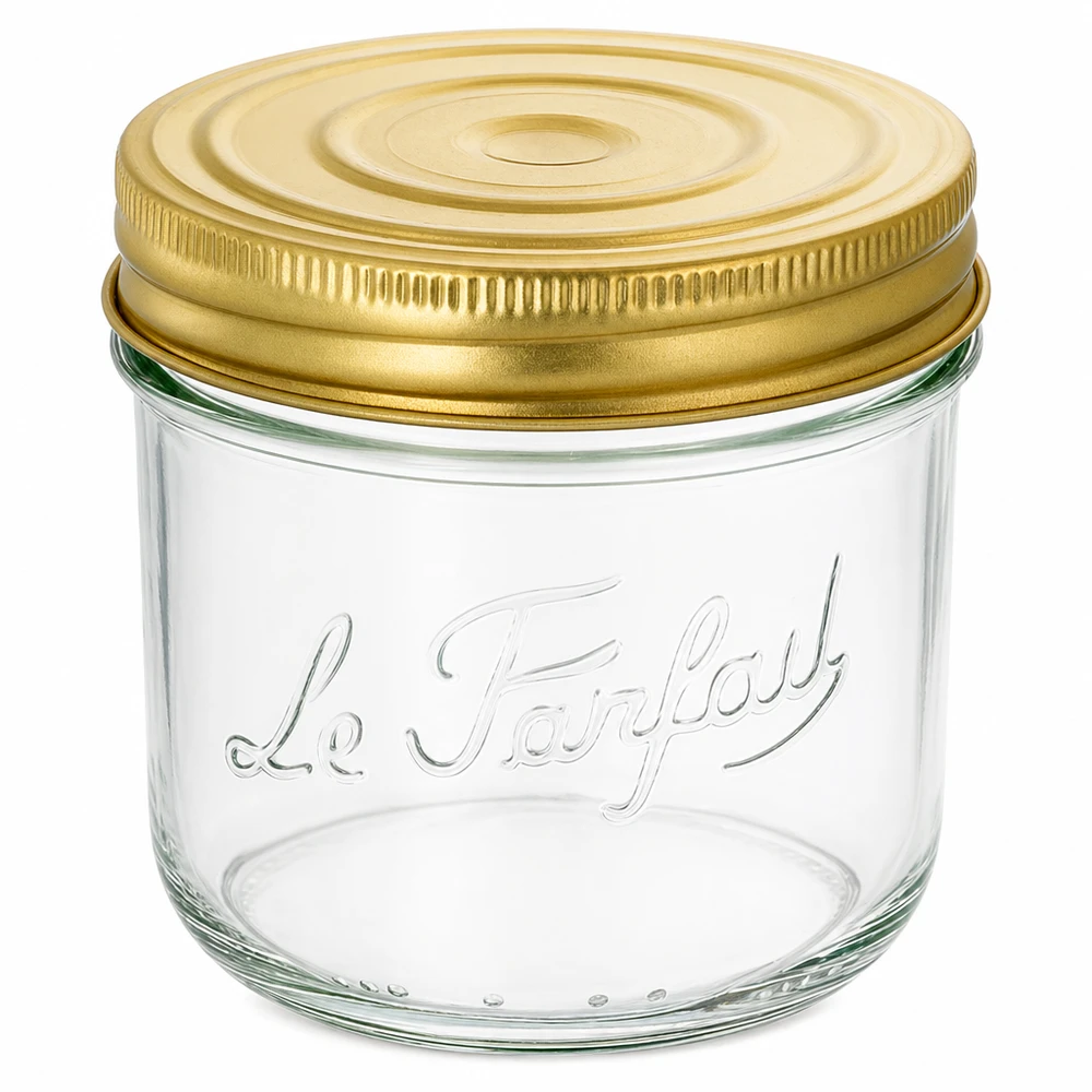 Le Parfait® Familia Wiss 350 g Ø100 mm glas 415 ml Familia Wiss murerbalje med guldskruelåg og Le Parfait-prægning til konservering og opbevaring.