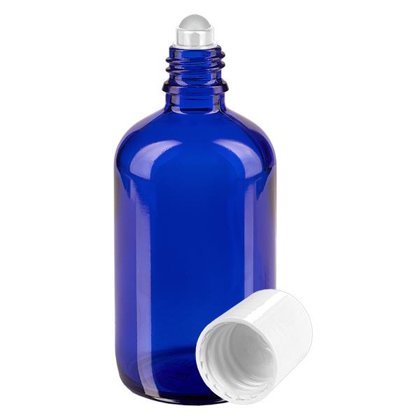 Apoteksflaske blå 100 ml roll-on-hætte hvid Apoteksflaske blå 100 ml roll-on-hætte hvid