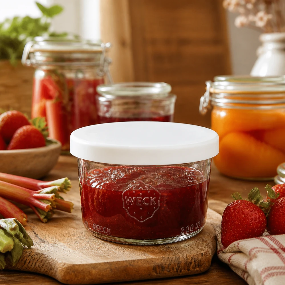 WECK RR80 glas 200 ml med jordbærmarmelade og hvidt silikonelåg i rustikt køkken med frisk frugt