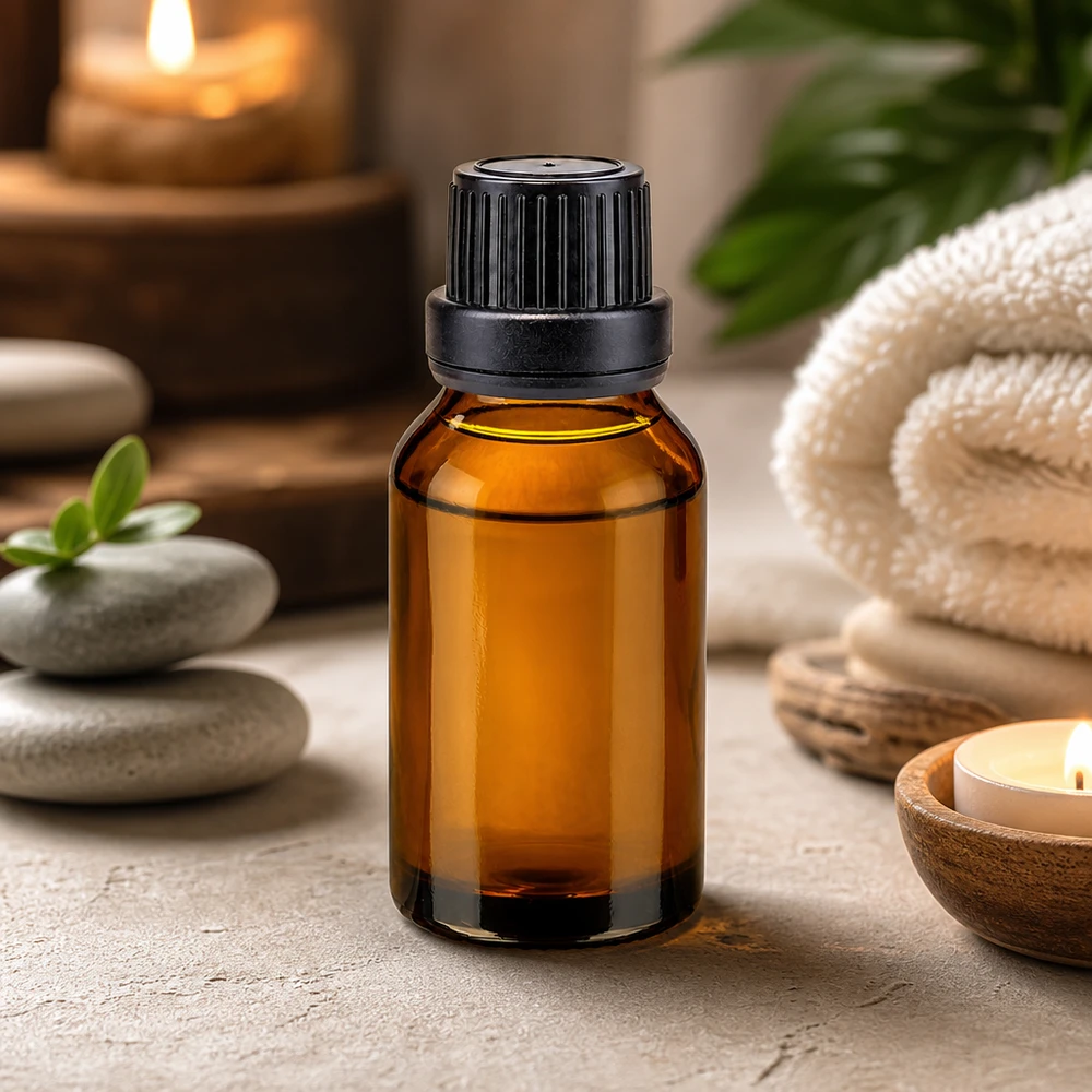 Aromaterapi-flaske i brunt glas, 15 ml, med sort skruelåg, blandt massagesten og stearinlys