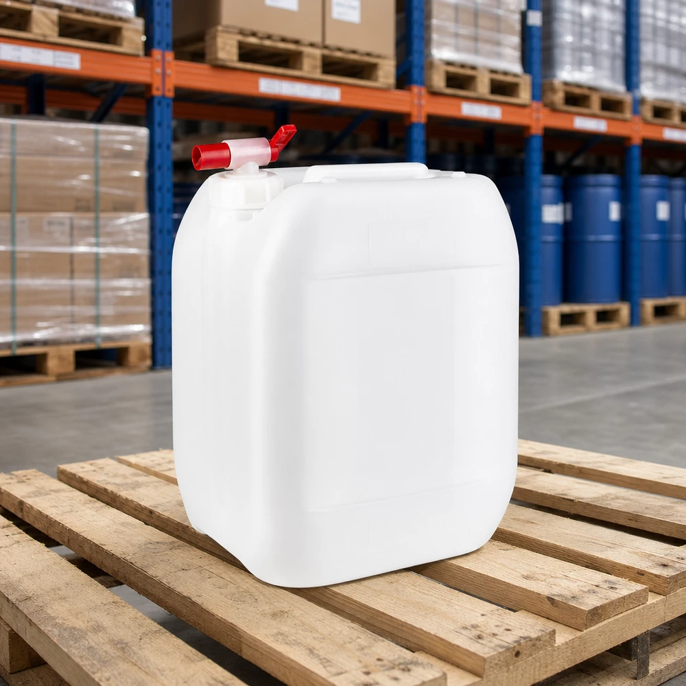 Beholder 10 liter med aftapningshane Hvid opbevaringsdunk på 10 liter med rødt udløbshan på træpalle i et industrilager