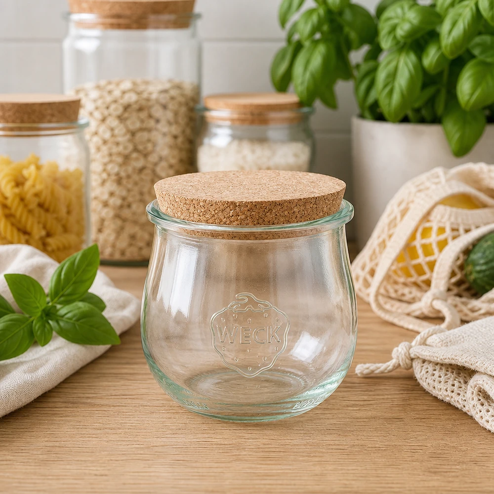 370 ml tulipankrukke WECK RR80 med kork natur WECK tulipankrukke 370ml RR80 med kork i bæredygtigt zero waste-køkken mellem opbevaringskrukker og basilikum