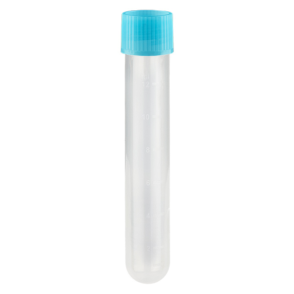 Reagensglas krystalklart 13ml, 16x100mm med skruelåg PP blå Reagensglas krystalklart 13ml, 16x100mm med skruelåg PP blå