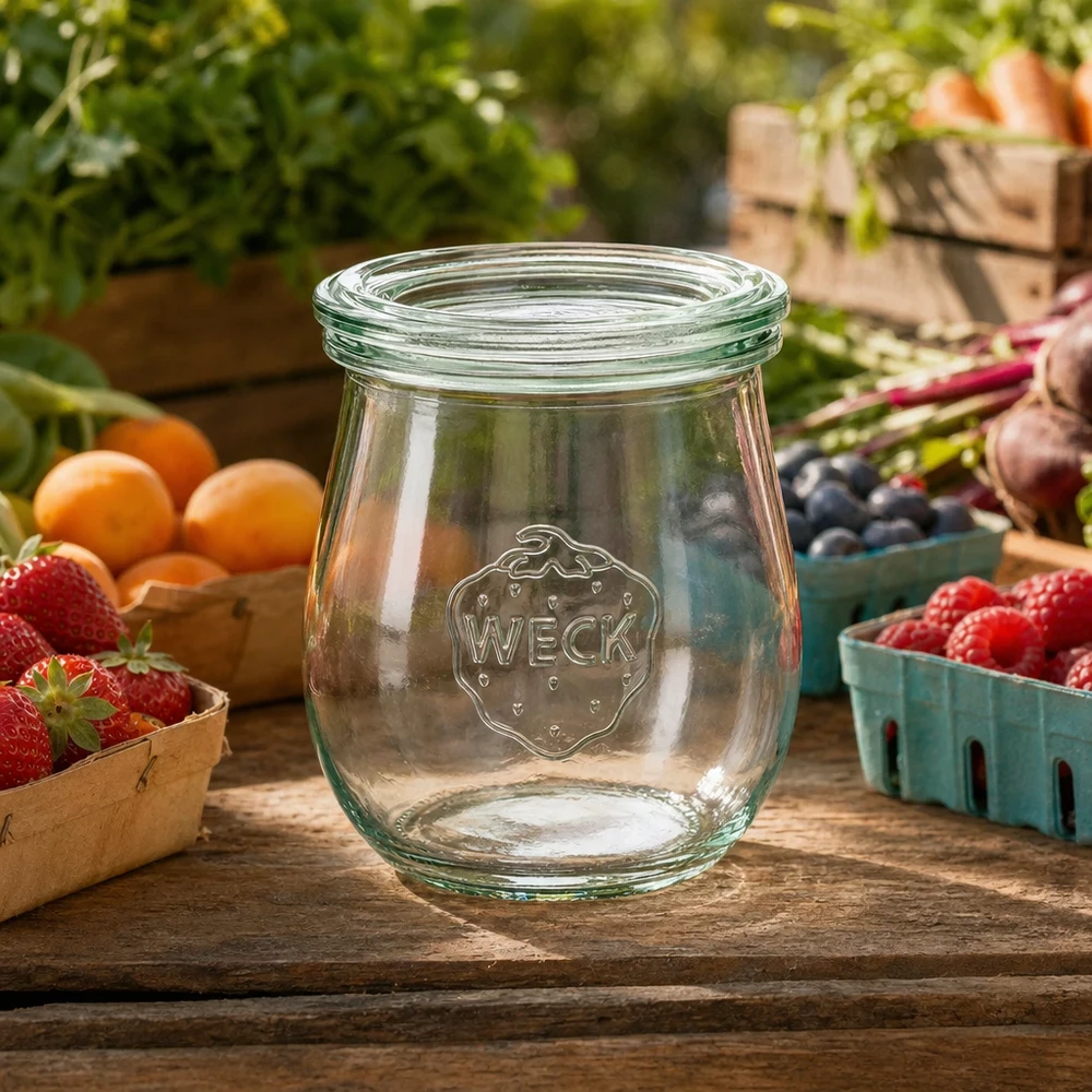 220 ml tulpanglas med glaslåg WECK RR60 WECK tulipankrukke 220 ml RR60 tom på et træbord omgivet af frisk frugt og grøntsager i en naturlig have.