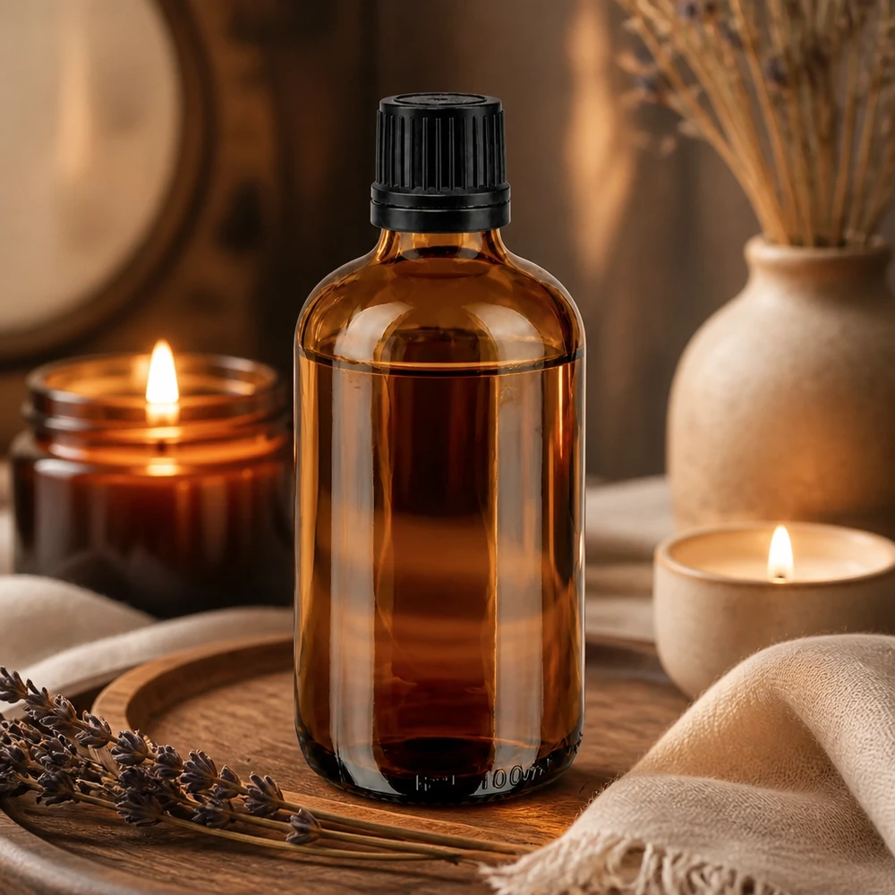 Apoteksflaske brun 100ml dryp v. Pr 1mm sort OV Lille 100 ml brun glasflaske med børnesikret originalitetslukning til æteriske olier