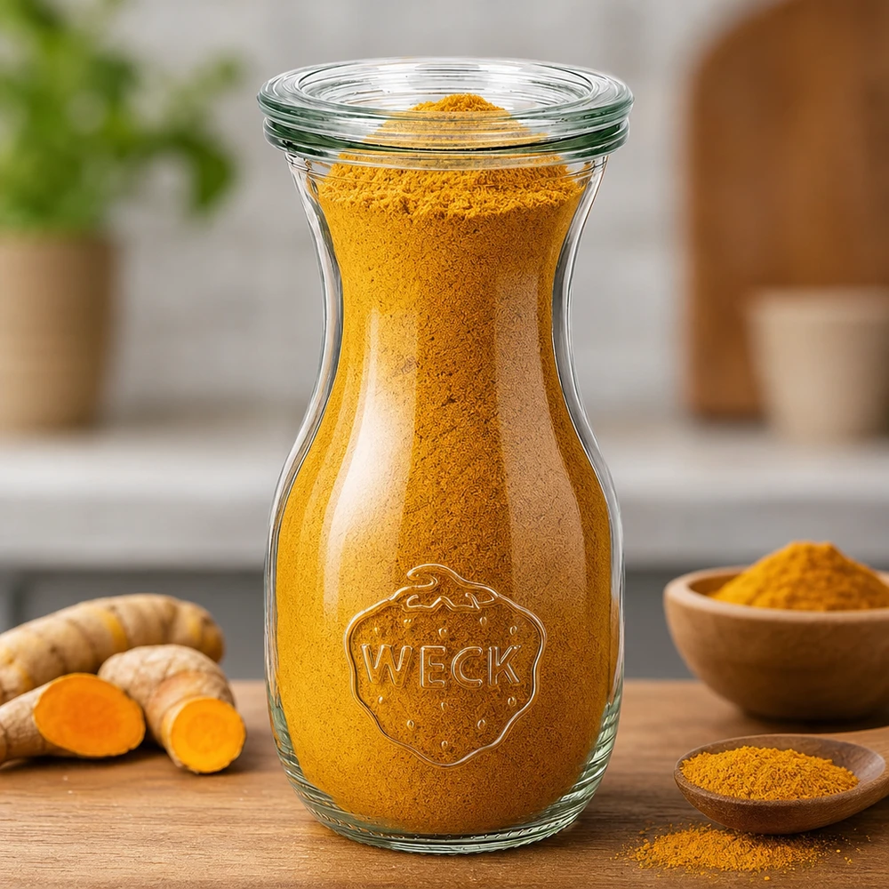 290 ml saftflaske med glaslåg WECK RR60 WECK juiceflaske 290 ml RR60 fyldt med gurkemejepulver ved siden af friske gurkemejerødder og træskåle på køkkenbordet.