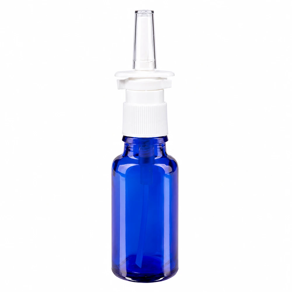 20 ml blå glasflaske med hvid næsesprayhoved og gennemsigtig dyse til apoteker