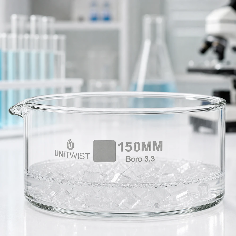 Krystalliseringsskål ø150mm borosilikatglas UNiTWIST Flad glasskål 150 mm UNiTWIST Boro 3.3 med isterninger i laboratoriet