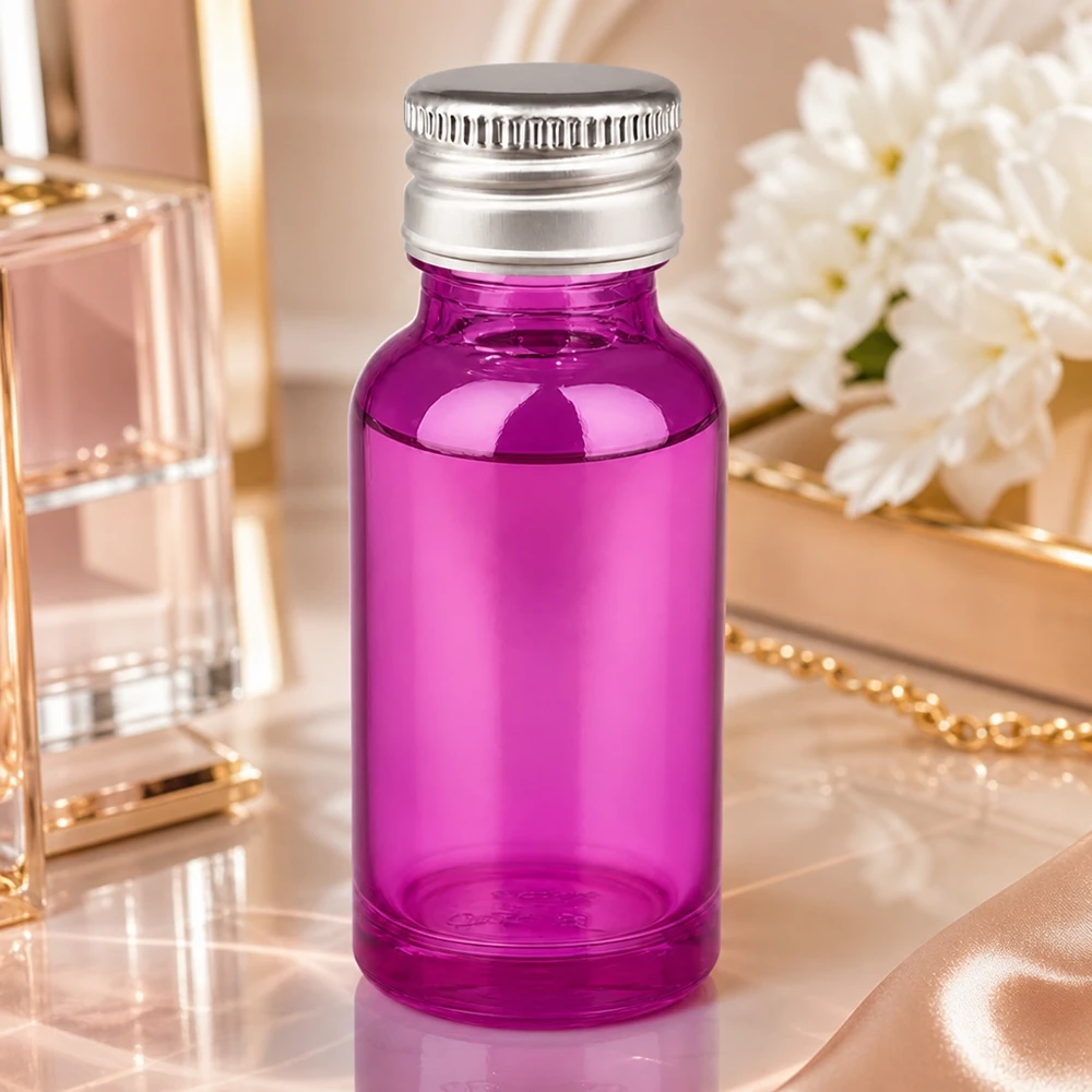 20 ml flaske 11 mm skruelåg aluminium-sølv standard PurpleLine.UT18/20 Elegant 20 ml flaske i lys violet med sølvhætte til kosmetiske produkter af høj kvalitet