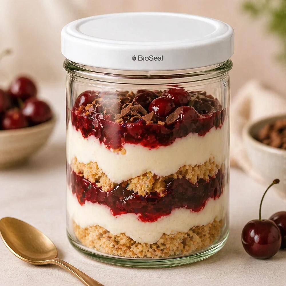UNiTWIST overligger167 med hvidt låg TO66 BioSeal UNiTWIST 167 ml glas med BioSeal-låg lagdelt dessert kirsebærkompot crumble dessertglas køkkenscene gylden ske