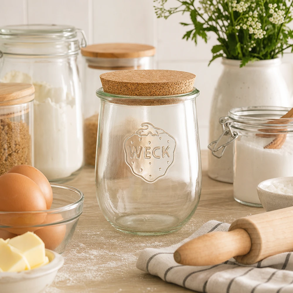 1062 ml tulipankrukke WECK RR100 med kork natur WECK tulipankrukke RR100 1062ml med kork i et hyggeligt bagekøkken ved siden af opbevaring af mel, æg og bageingredienser