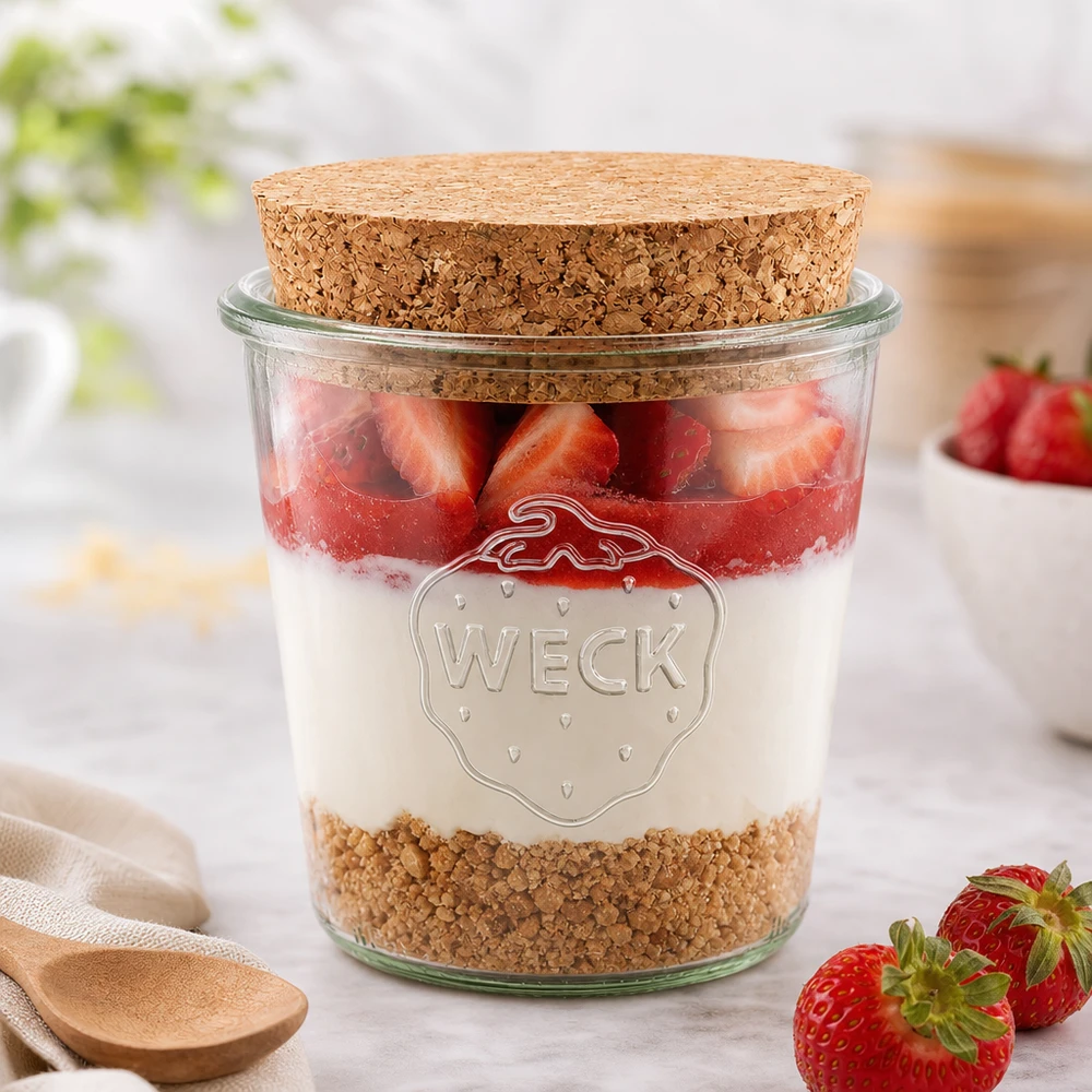 580 ml Briller WECK RR100 med kork natur WECK-krukke 580 ml RR100 med kork som dessertkrukke til jordbær, yoghurt og müsli stilfuldt arrangeret på et hvidt bord