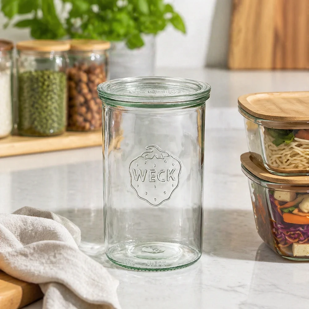 1000 ml Briller med glaslåg WECK RR100 WECK konserveringsglas 1000 ml RR100 står tomt på køkkenbordet mellem opbevaringsglas med nødder og krydderier