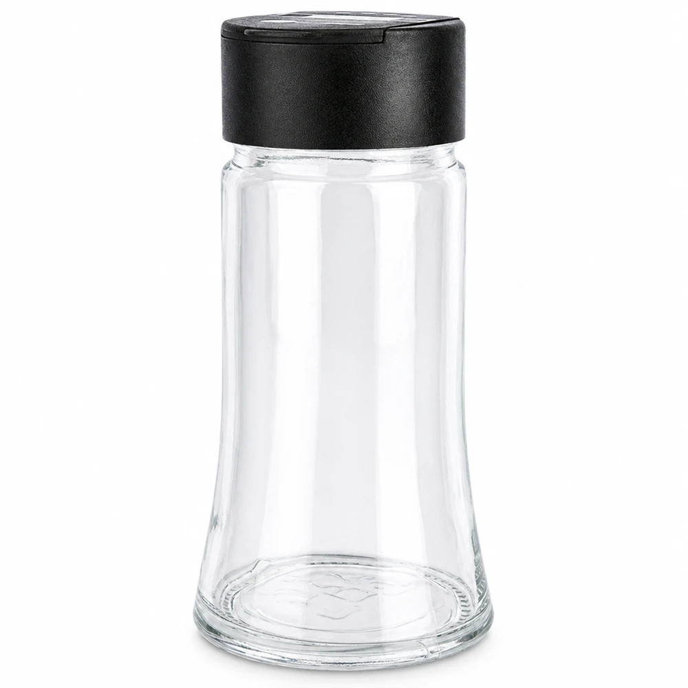 Salt-/krydderikrukke 95 ml med dobbelt strøer, sort Tom krydderikrukke på 95 ml af klart glas med sort låg af plast med dobbelt strøfunktion