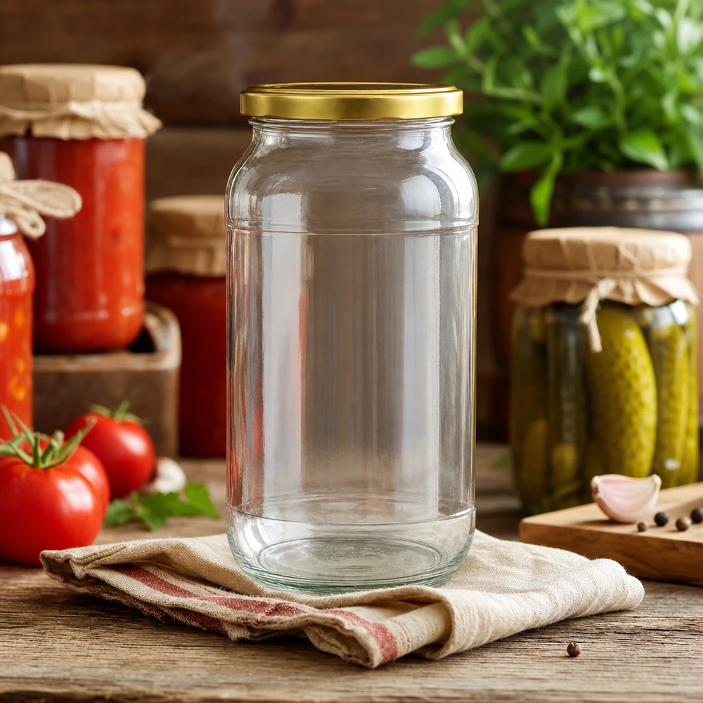 1062 ml rund krukke med BasicSeal-låg guld UNiTWIST 1062 ml rund krukke med gyldent BasicSeal UNiTWIST-låg i et rustikt køkken med syltetøjsglas og friske ingredienser