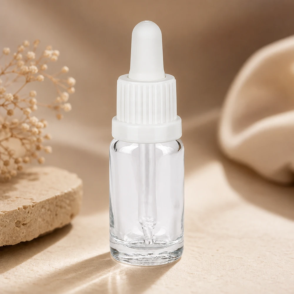 10 ml pipetteflaske hvid OV ClearLine UT18/10 Gennemsigtig 10 ml glasflaske med hvid pipetteprop, anbragt på natursten