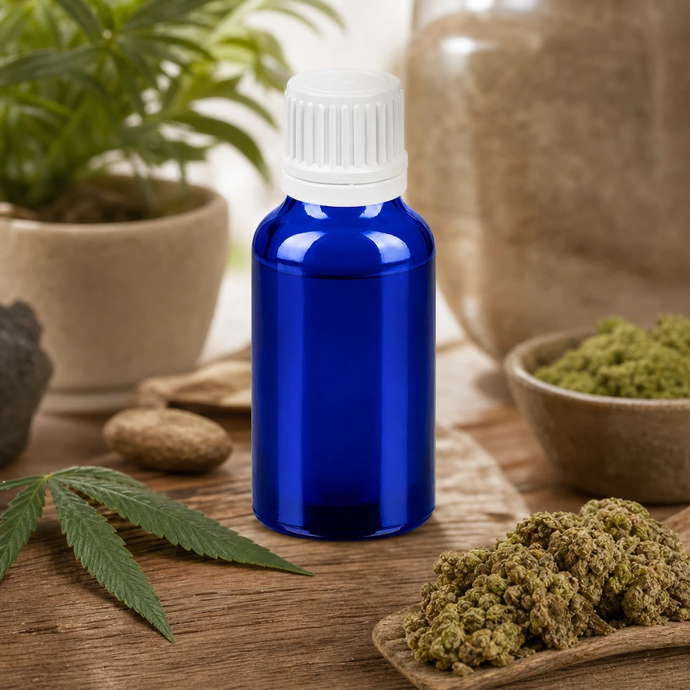 Kompakt 20 ml dråbeflaske i elegant blå med praktisk skruelåg til naturkosmetik