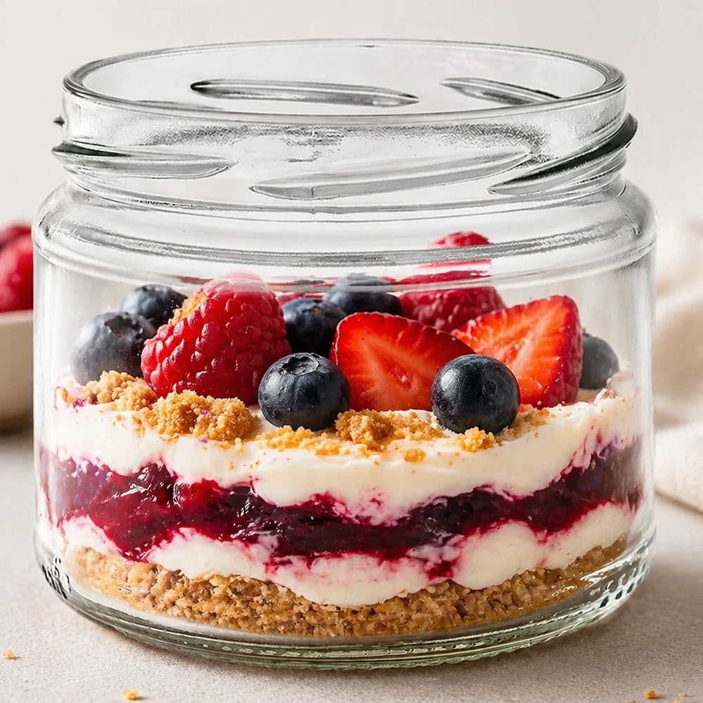 UNiTWIST Runda330 - Rundt glas med en kapacitet på 330 ml TO82 UNiTWIST Runda330 rundt glas fyldt med farverig bærdessert lagdelt dessert trifli bær creme kiksebund