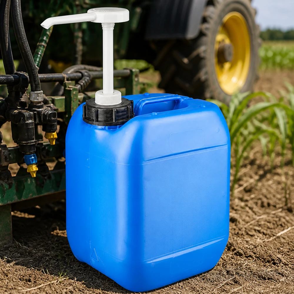 5 liters blå dunk med doseringspumpe Blå 5-liters dunk med doseringspumpe i landbrugsbrug ved siden af en traktor