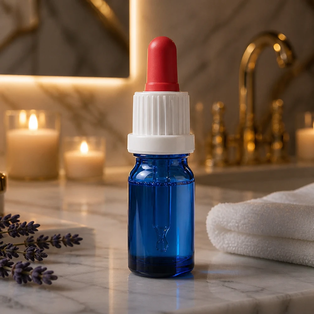5 ml pipetteflaske hvid/rød OV BlueLine UT18/5 Elegant blå pipetteflaske 5 ml med hvid hætte i en luksuriøs badeværelsesatmosfære BlueLine UT18/5
