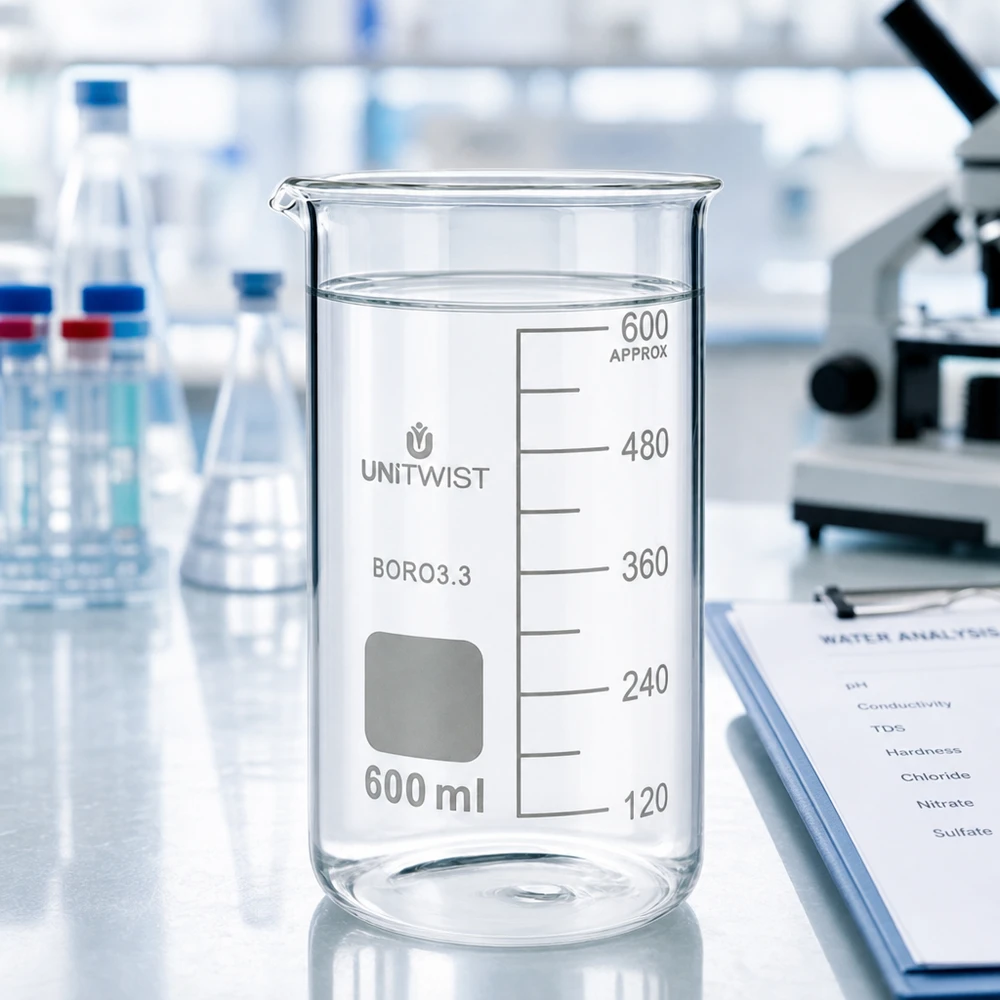 Bæger 600 ml borosilikat, høj form UNITWIST UNITWIST bæger, 600 ml, høj model, borosilikatglas med klart vand på laboratoriebordet ved siden af mikroskopet