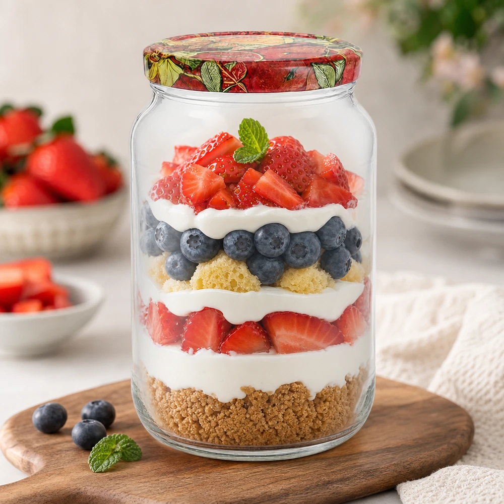 1062 ml rund krukke + BasicSeal-låg til frugtdekoration UNiTWIST 1062ml rund krukke BasicSeal låg frugt dekoration lagdelt dessert bær creme kiks bund trifle dessert murer krukke