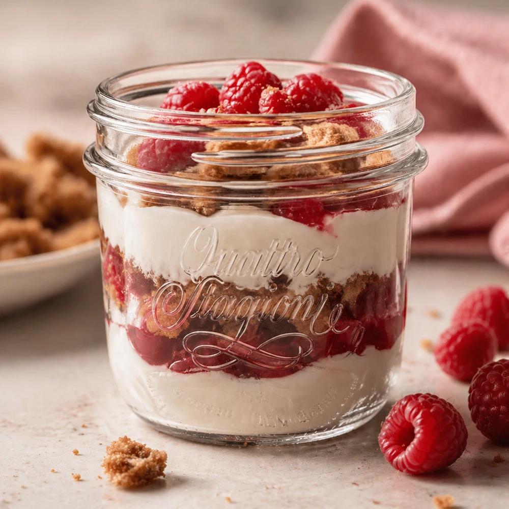 200 ml "Quattro Stagioni"-smykkeglas 200 ml Quattro Stagioni dekorationskrukke fyldt med dessert, hindbær og kiks, gennemsigtig konserveringskrukke til køkkenet